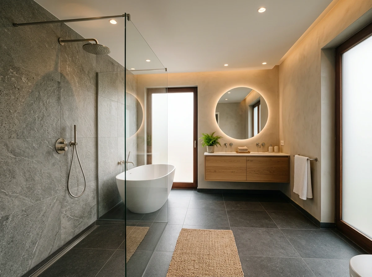 Salle de bain rénovée avec douche à l'italienne et baignoire autoportante