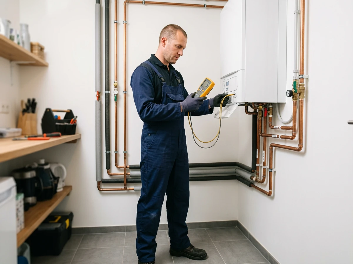 Technicien en train d'entretenir une chaudière à gaz murale