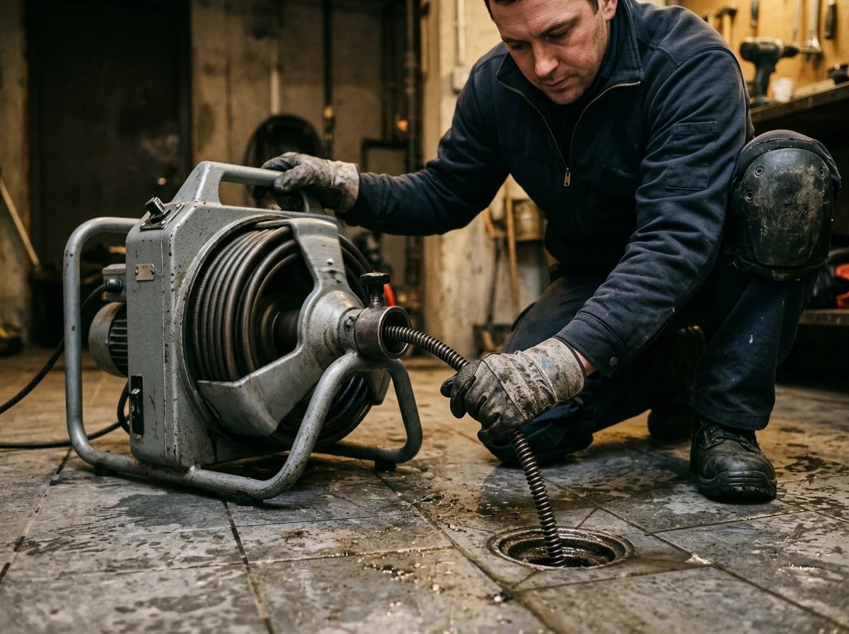 Opération de débouchage d'une canalisation avec furet électrique professionnel