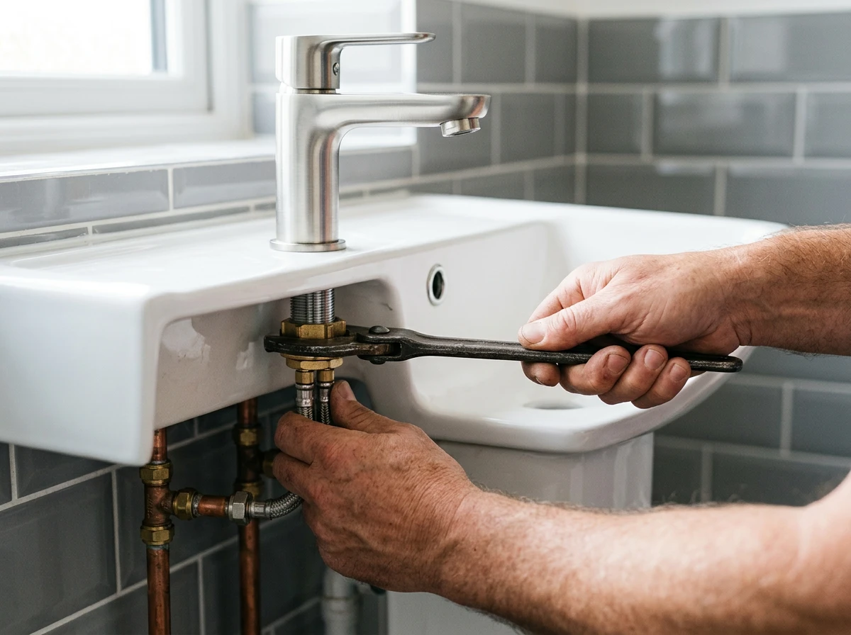 Pose d'un robinet mitigeur chromé sur un lavabo blanc