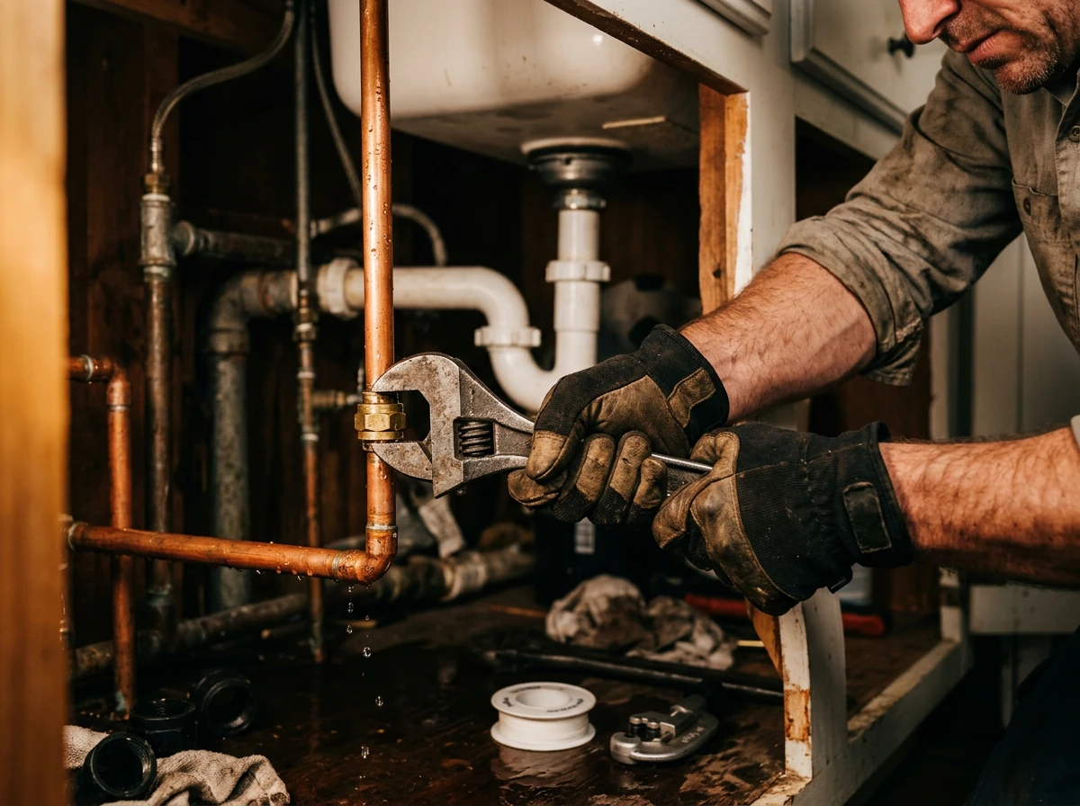 Plombier réparant une fuite d'urgence sous un évier